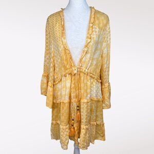 Blue Island Yellow Boho Peasant Tunic Top Mini Dress Rayon Size Large